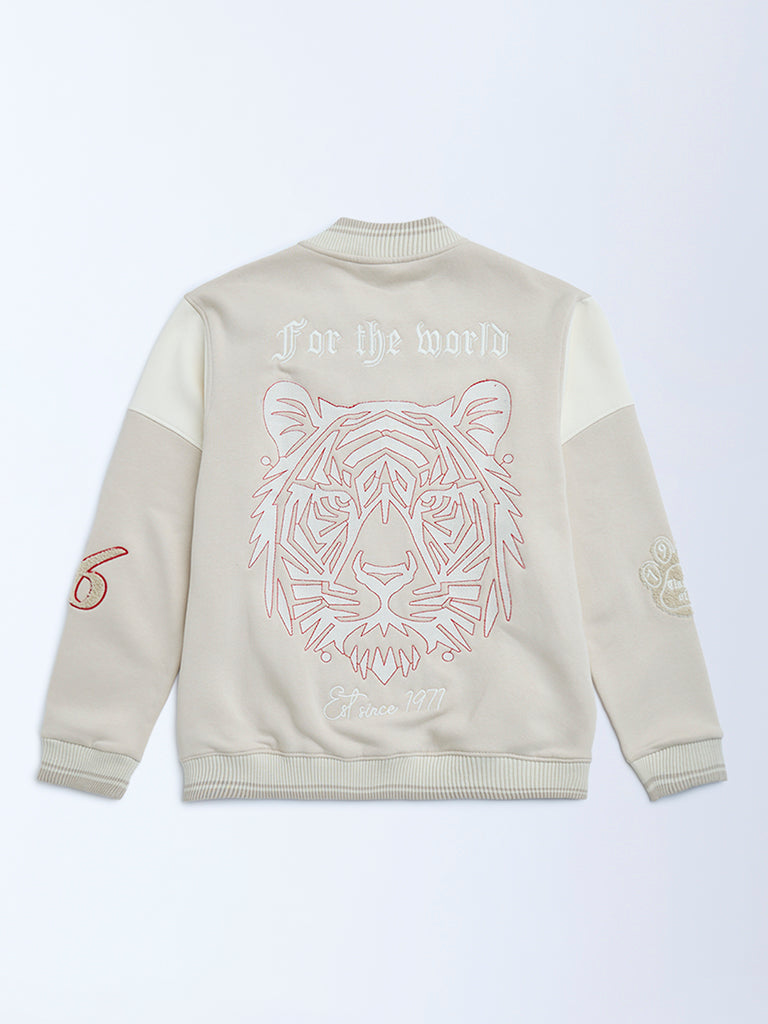 Y&F Kids Boys Beige Animal Printed Cotton-Blend Varsity Jacket