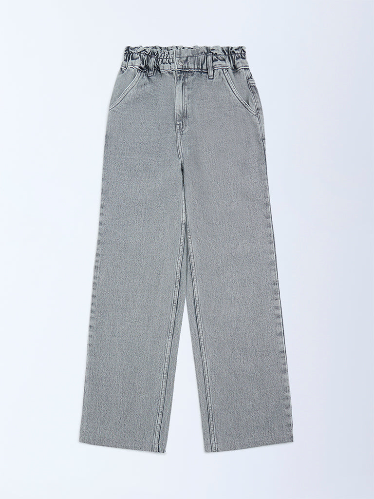 Y&F Kids Girls Grey Washed Straight-Fit High-Rise Jeans