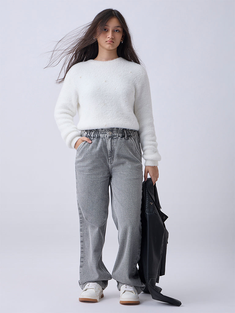 Y&F Kids Girls Grey Washed Straight-Fit High-Rise Jeans