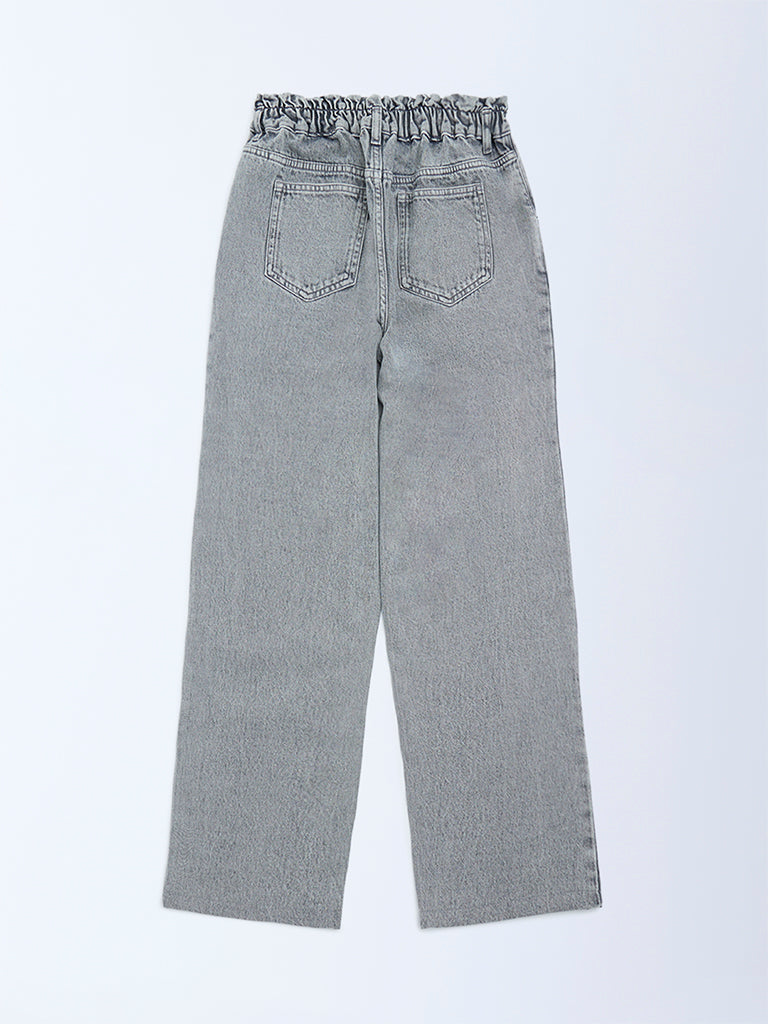 Y&F Kids Girls Grey Washed Straight-Fit High-Rise Jeans