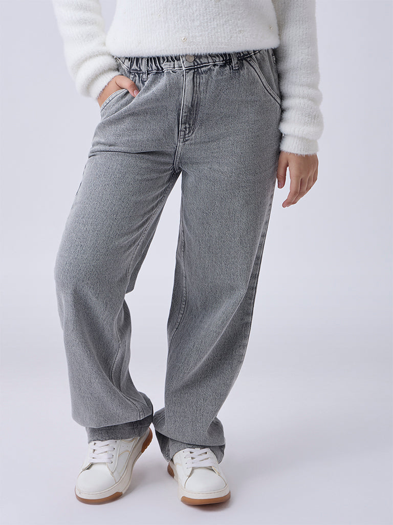 Y&F Kids Girls Grey Washed Straight-Fit High-Rise Jeans
