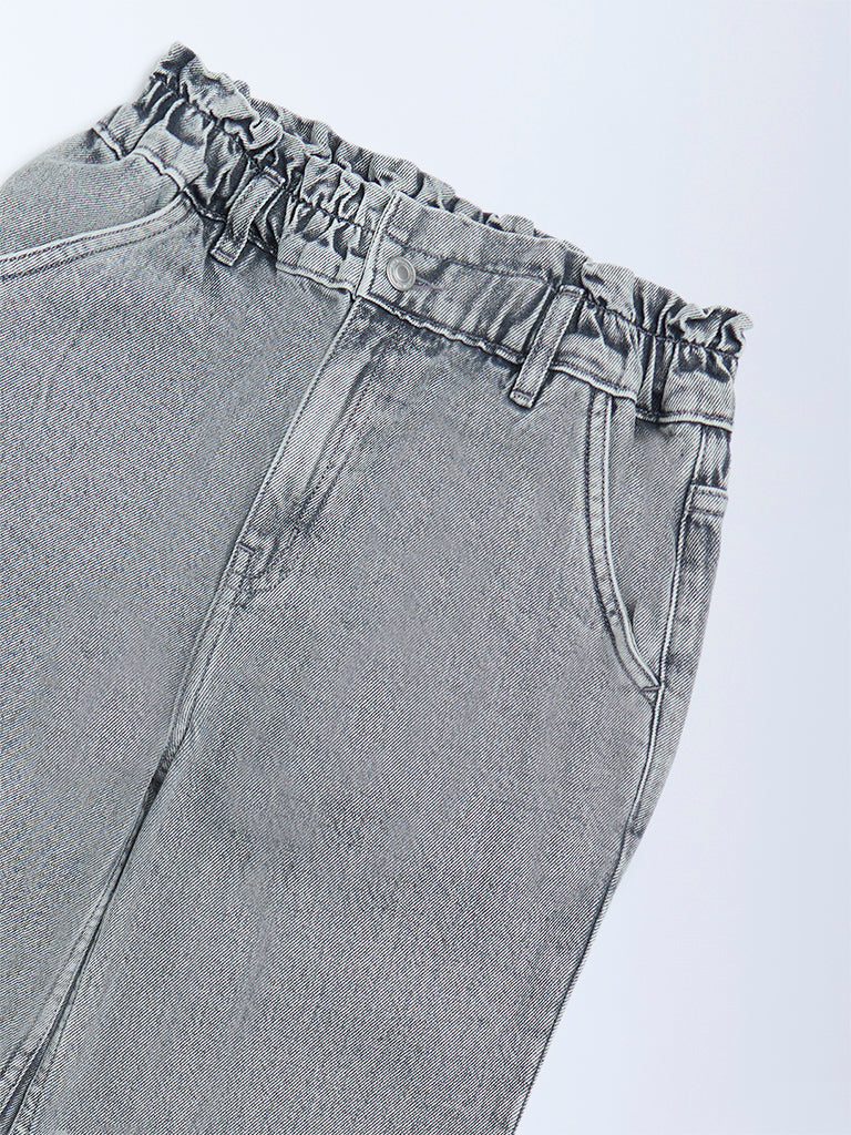 Y&F Kids Girls Grey Washed Straight-Fit High-Rise Jeans