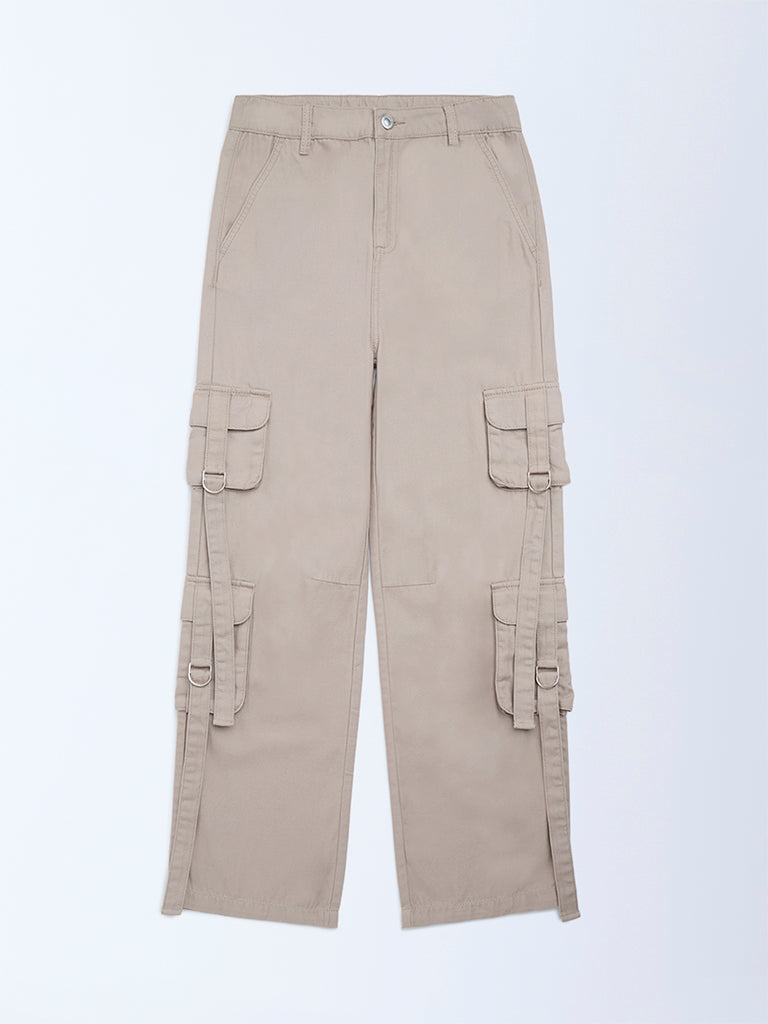 Y&F Kids Girls Beige Cargo-Style High-Rise Cotton Trousers