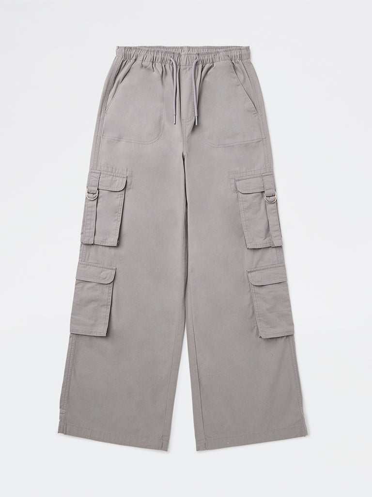 Y&F Kids Girls Grey Cargo-Style Mid-Rise Cotton Pants