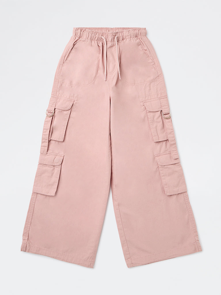 Y&F Kids Girls Pink Cargo-Style Mid-Rise Cotton Pants
