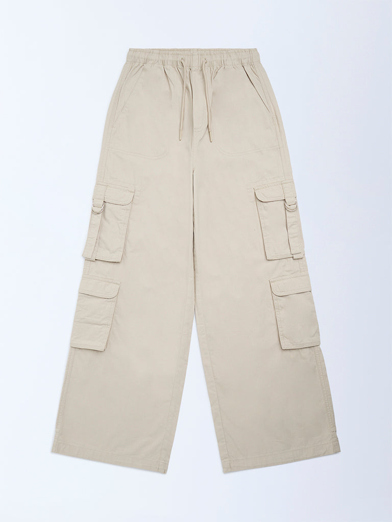 Y&F Kids Girls Beige Cargo-Style High-Rise Cotton Pants