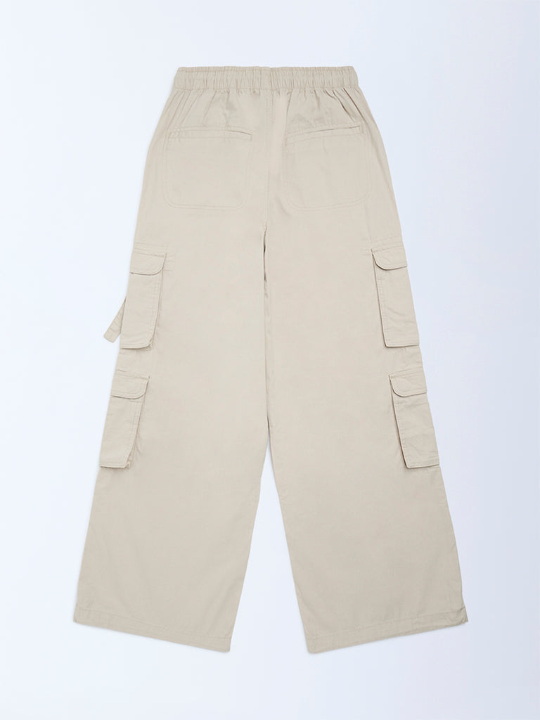 Y&F Kids Girls Beige Cargo-Style High-Rise Cotton Pants