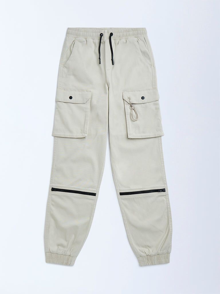 Y&F Kids Boys Cream Mid-Rise Cotton-Blend Joggers