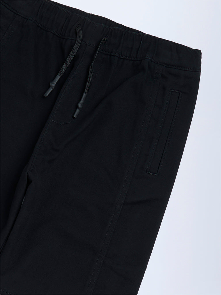Y&F Kids Boys Black Solid Mid-Rise Cotton-Blend Joggers