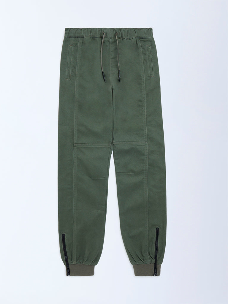 Y&F Kids Boys Olive Mid-Rise Cotton-Blend Joggers