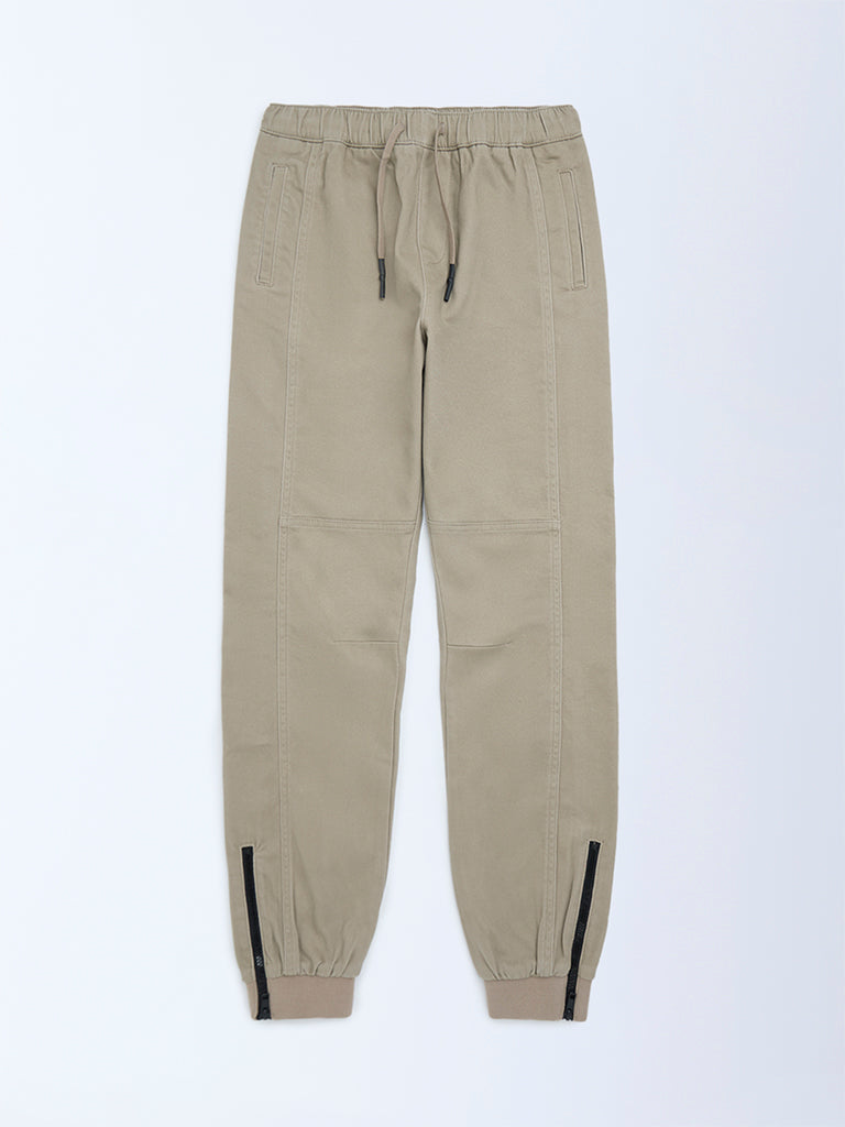 Y&F Kids Boys Taupe Mid-Rise Cotton-Blend Joggers