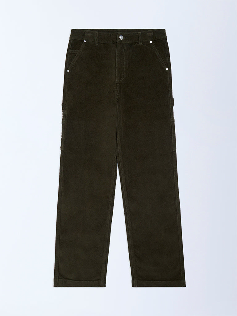 Y&F Kids Boys Olive Relaxed-Fit Mid-Rise Cotton-Blend Trousers