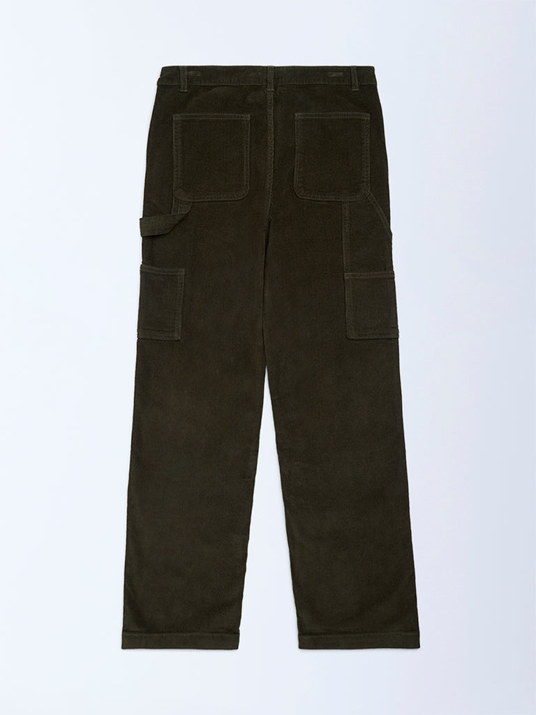 Y&F Kids Boys Olive Relaxed-Fit Mid-Rise Cotton-Blend Trousers