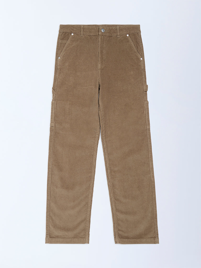 Y&F Kids Boys Taupe Relaxed-Fit Mid-Rise Cotton-Blend Trousers