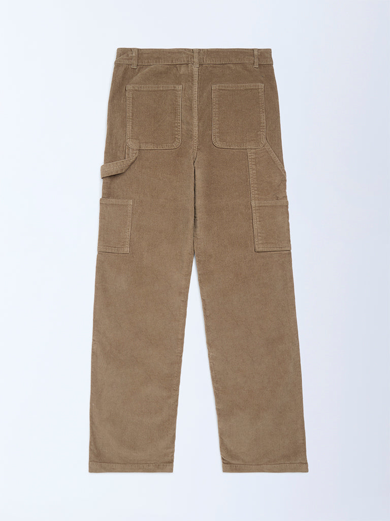 Y&F Kids Boys Taupe Relaxed-Fit Mid-Rise Cotton-Blend Trousers