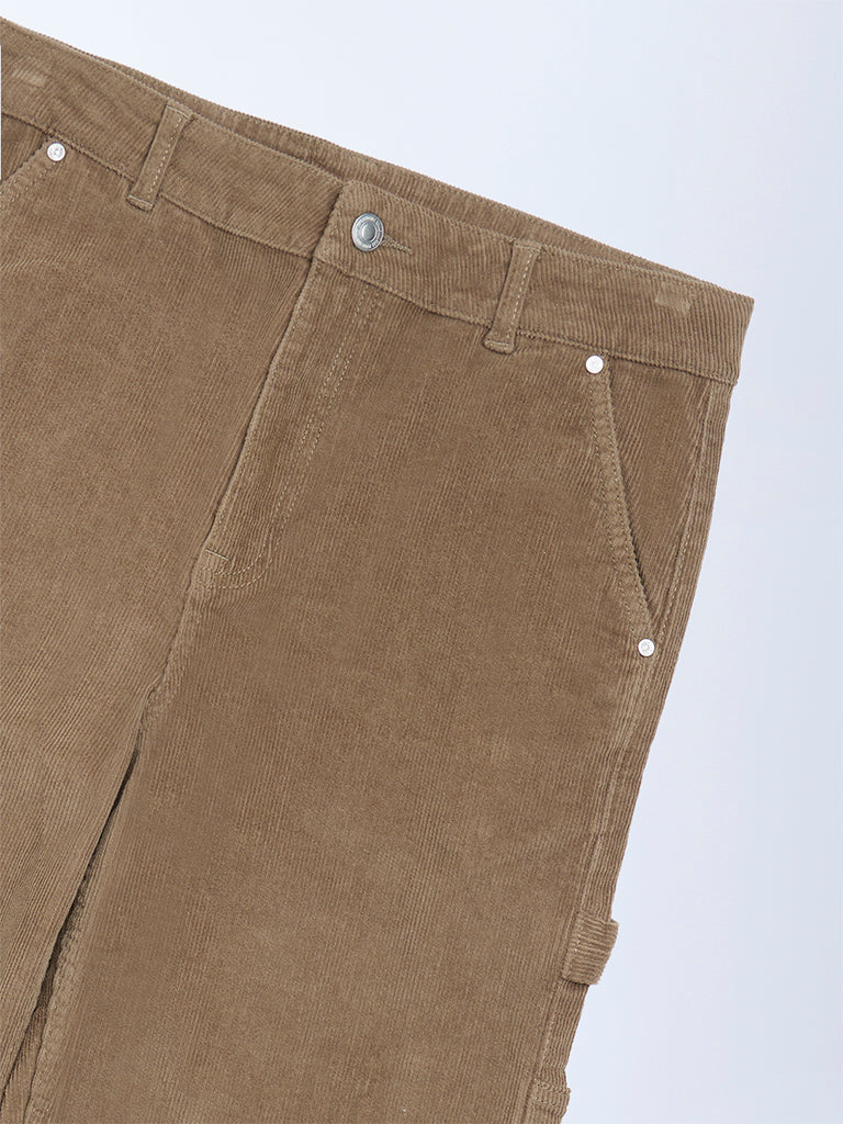 Y&F Kids Boys Taupe Relaxed-Fit Mid-Rise Cotton-Blend Trousers
