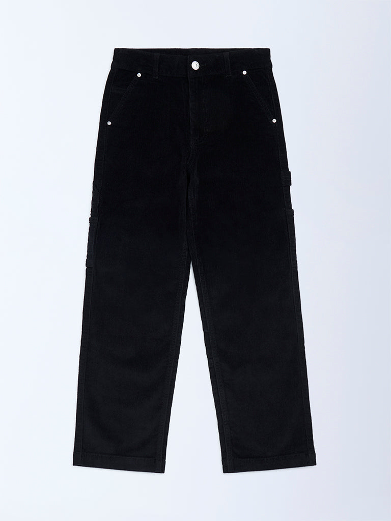 Y&F Kids Boys Black Relaxed-Fit Mid-Rise Corduroy Trousers