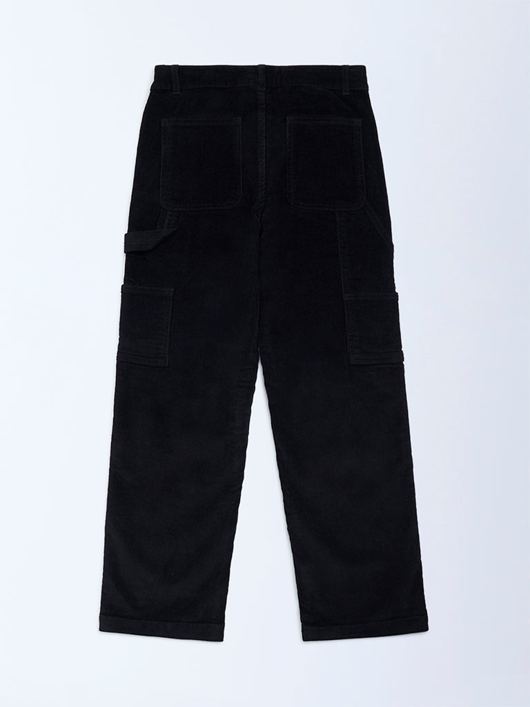 Y&F Kids Boys Black Relaxed-Fit Mid-Rise Corduroy Trousers