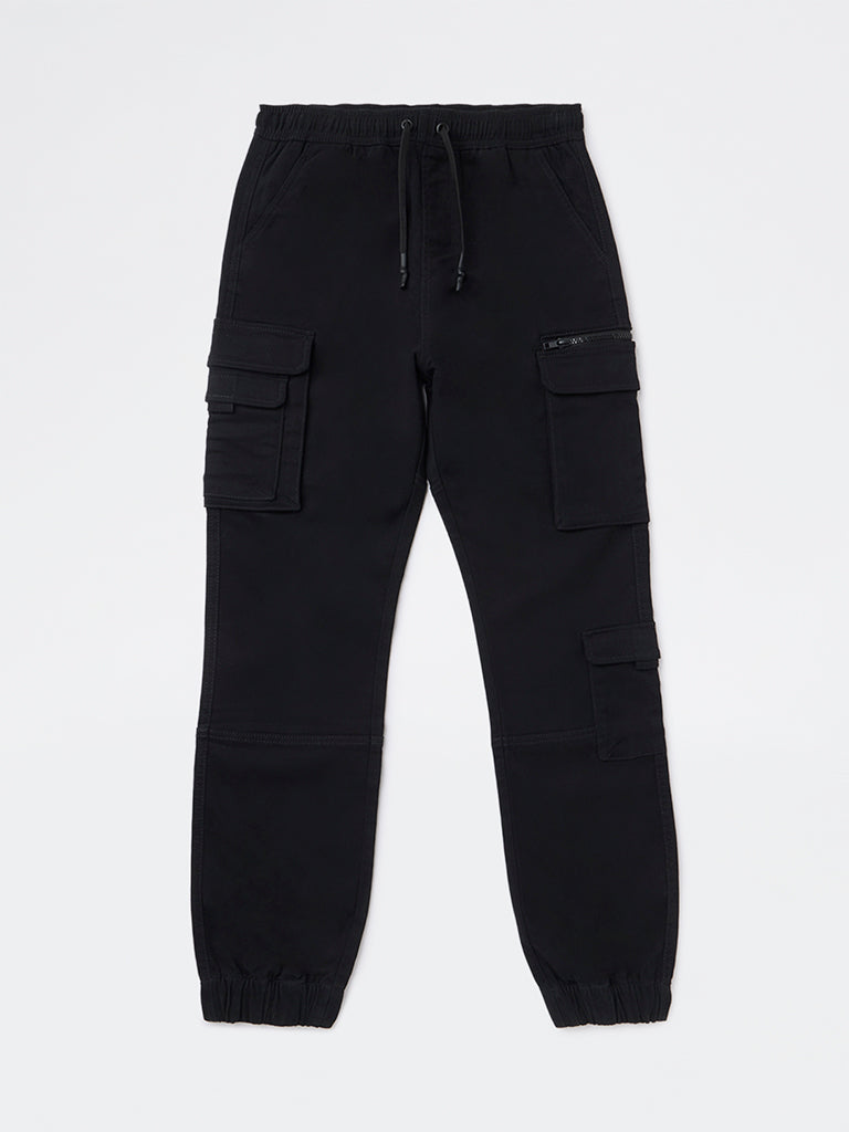 Y&F Kids Boys Black Mid-Rise Cotton-Blend Joggers