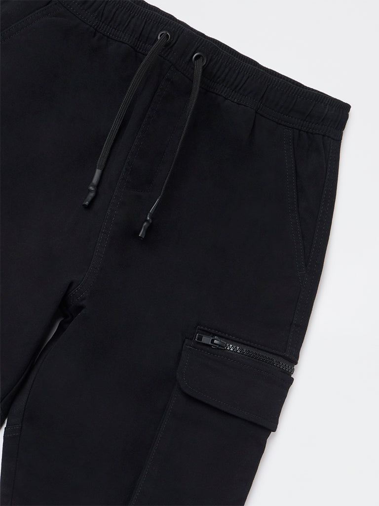 Y&F Kids Boys Black Mid-Rise Cotton-Blend Joggers