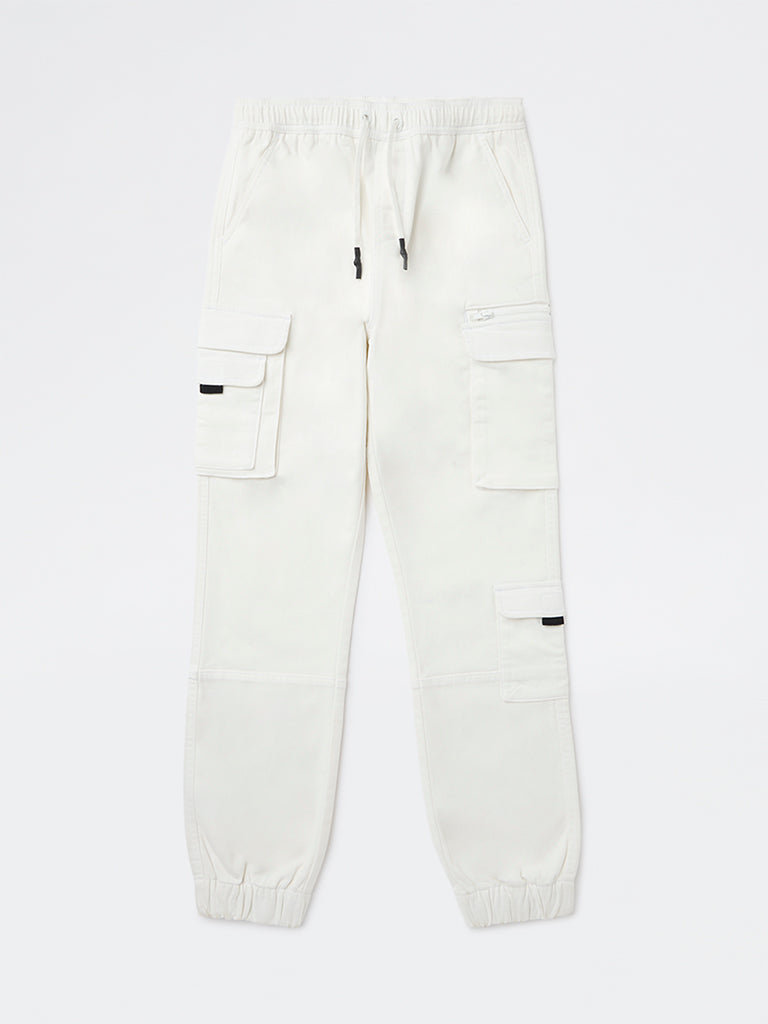 Y&F Kids Boys White Cargo-Style Mid-Rise Cotton-Blend Joggers