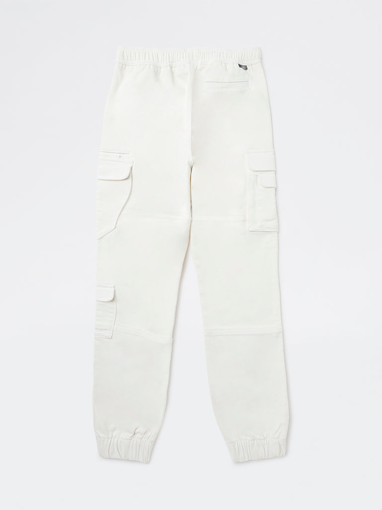 Y&F Kids Boys White Cargo-Style Mid-Rise Cotton-Blend Joggers
