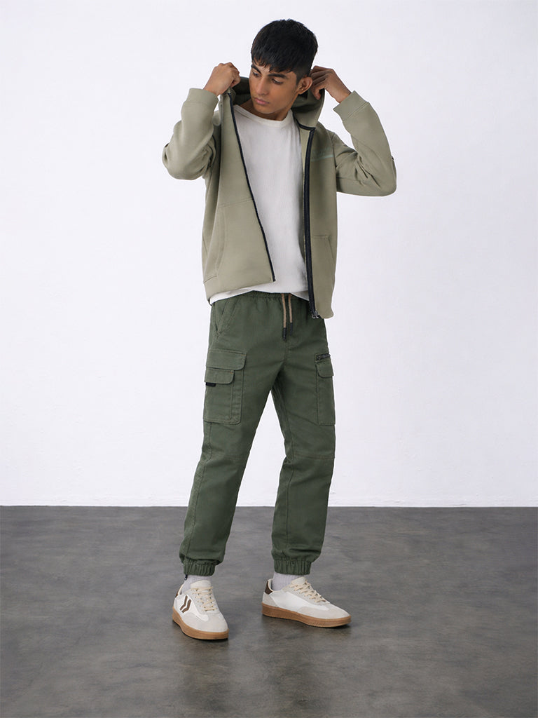 Y&F Kids Boys Olive Mid-Rise Cotton-Blend Joggers