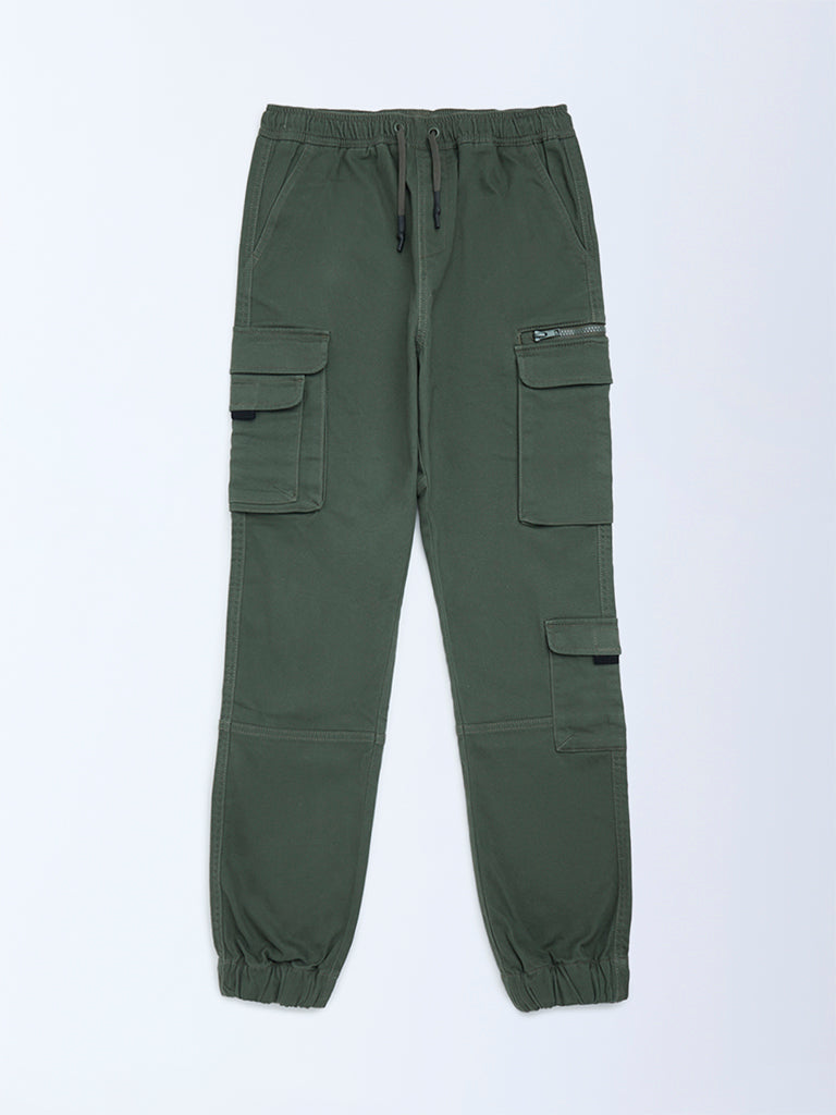 Y&F Kids Boys Olive Mid-Rise Cotton-Blend Joggers