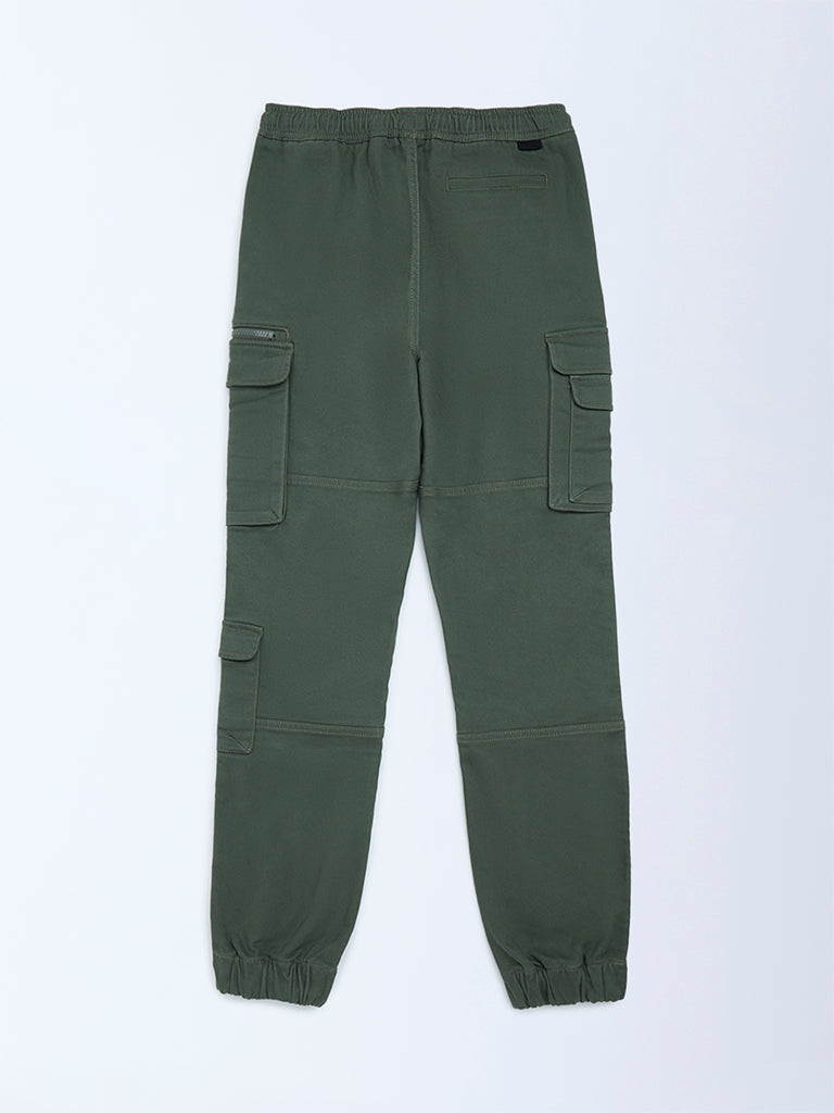 Y&F Kids Boys Olive Mid-Rise Cotton-Blend Joggers