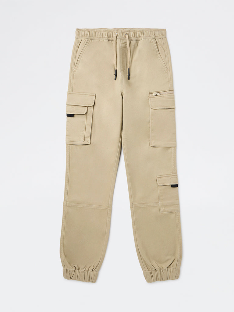 Y&F Kids Boys Beige Cargo-Style Mid-Rise Cotton-Blend Joggers