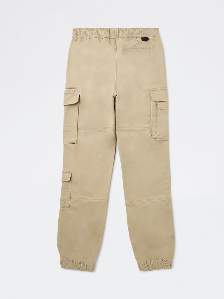 Y&F Kids Boys Beige Cargo-Style Mid-Rise Cotton-Blend Joggers