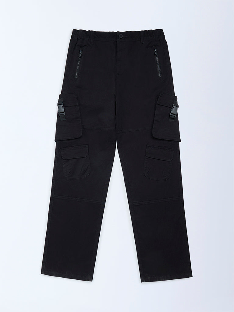 Y&F Kids Boys Black Cargo-Style Mid-Rise Cotton-Blend Trousers