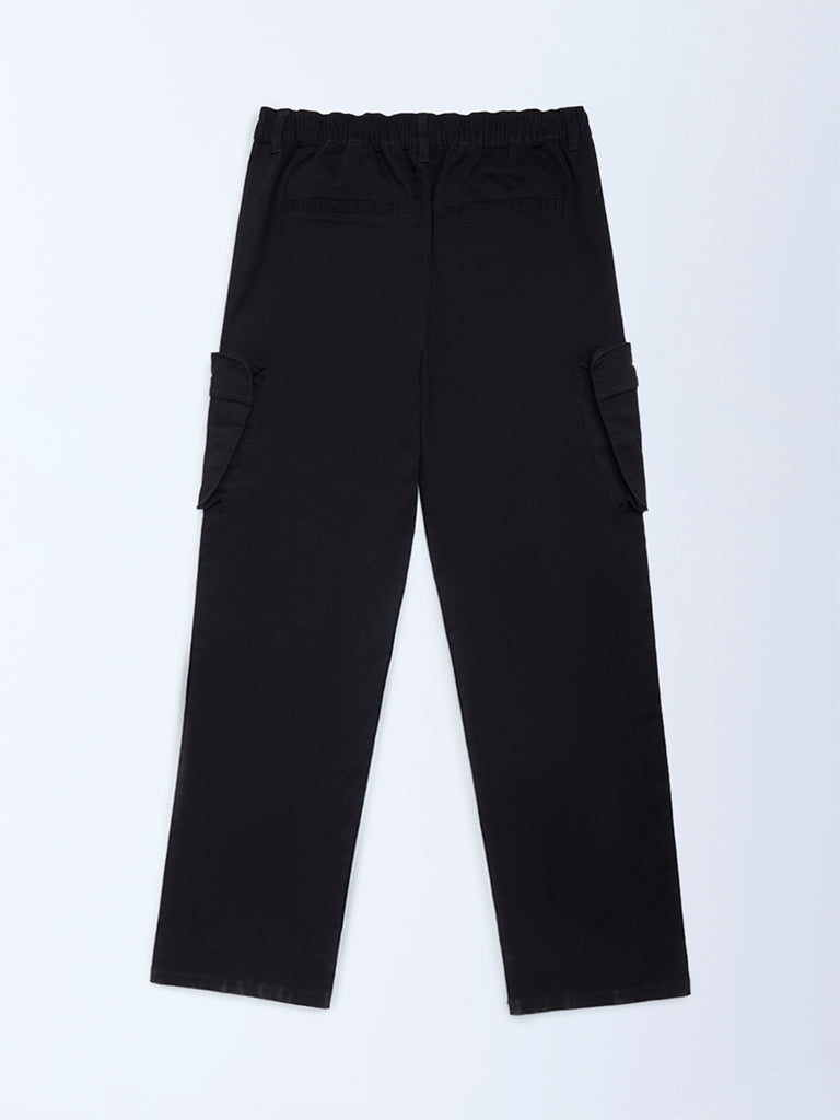 Y&F Kids Boys Black Cargo-Style Mid-Rise Cotton-Blend Trousers
