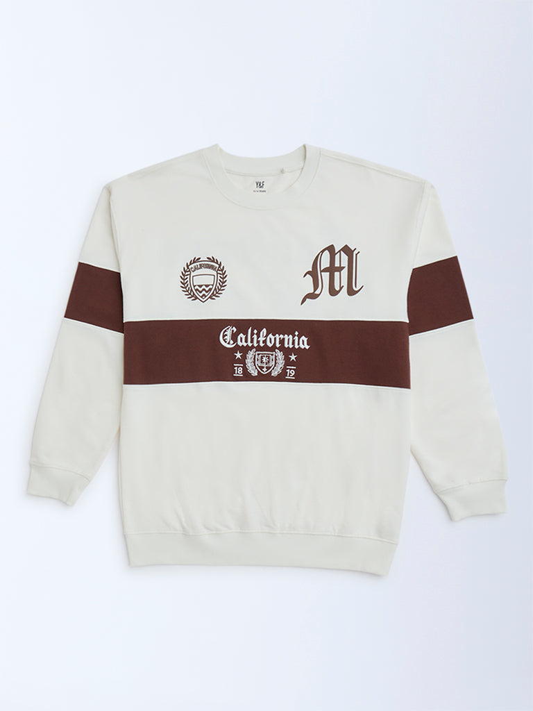 Y&F Kids Boys White Colour Blocked Cotton-Blend Sweatshirt
