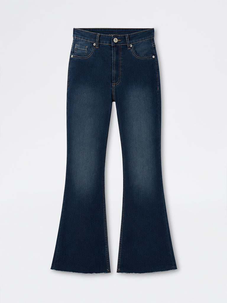 Nuon Dark Blue Washed High-Rise Flared Jeans
