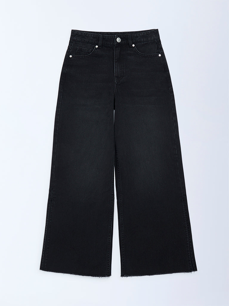 Y&F Kids Girls Black Wide-Leg High-Rise Jeans