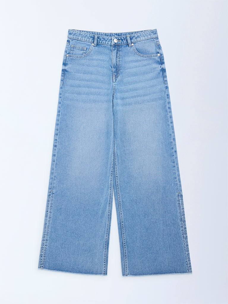 Y&F Kids Girls Blue Faded Wide-Leg High-Rise Jeans