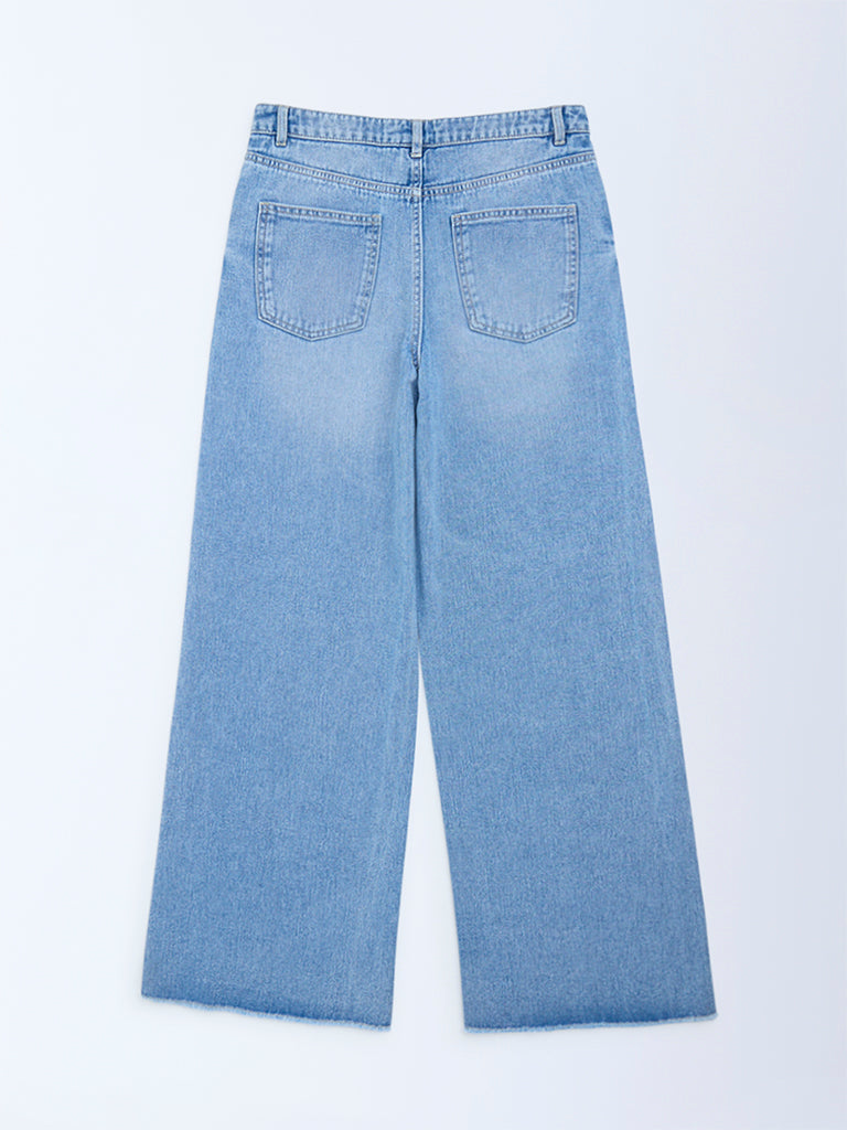 Y&F Kids Girls Blue Faded Wide-Leg High-Rise Jeans