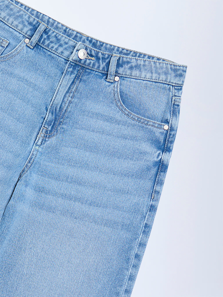 Y&F Kids Girls Blue Faded Wide-Leg High-Rise Jeans