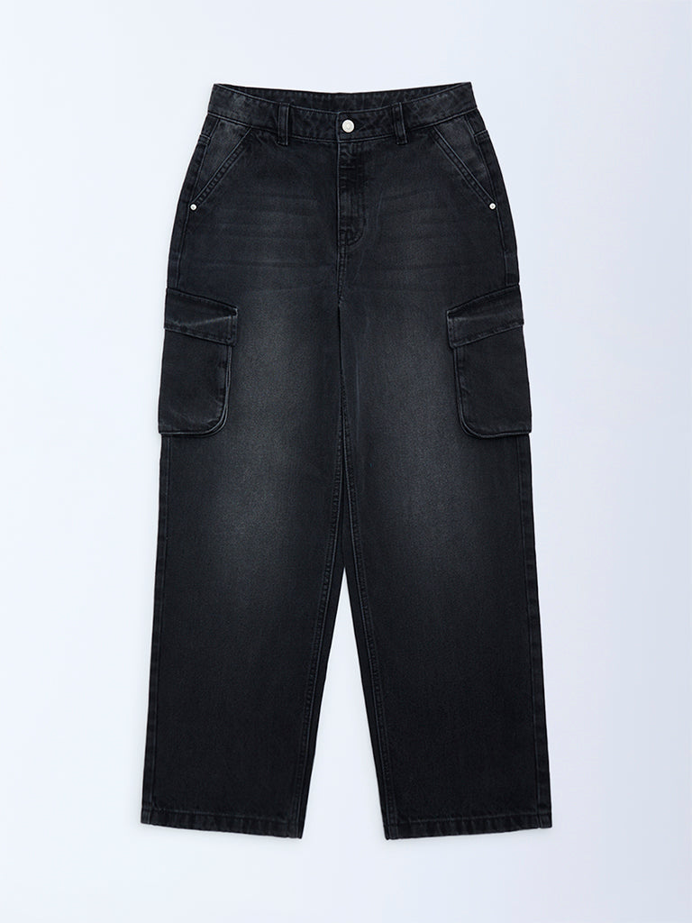 Y&F Kids Boys Charcoal Washed Relaxed-Fit Mid-Rise Jeans