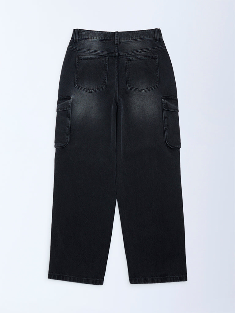 Y&F Kids Boys Charcoal Washed Relaxed-Fit Mid-Rise Jeans