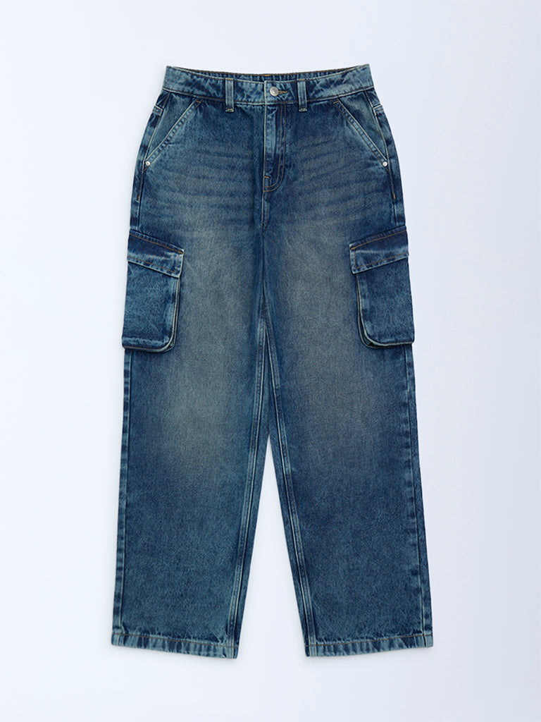 Y&F Kids Boys Blue Washed Relaxed-Fit Mid-Rise Jeans