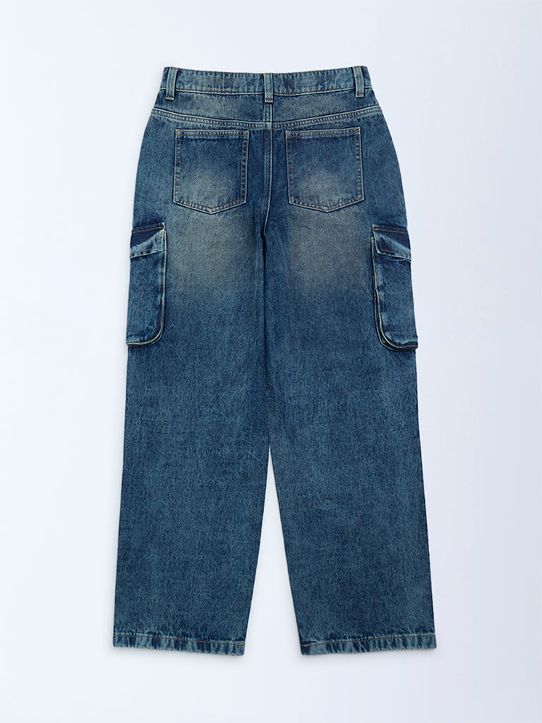Y&F Kids Boys Blue Washed Relaxed-Fit Mid-Rise Jeans