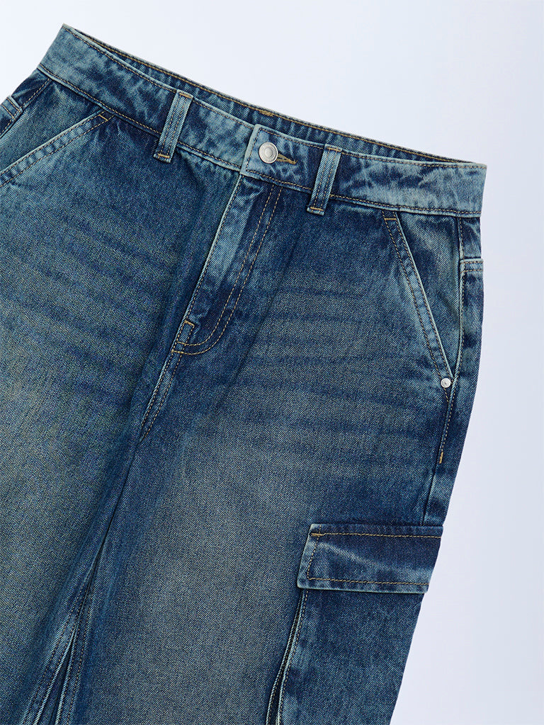 Y&F Kids Boys Blue Washed Relaxed-Fit Mid-Rise Jeans