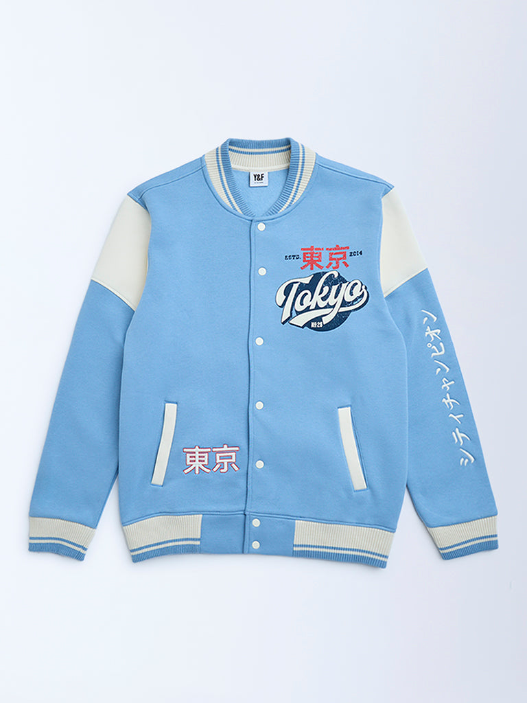 Y&F Kids Boys Blue Text Design Cotton-Blend Varsity Jacket