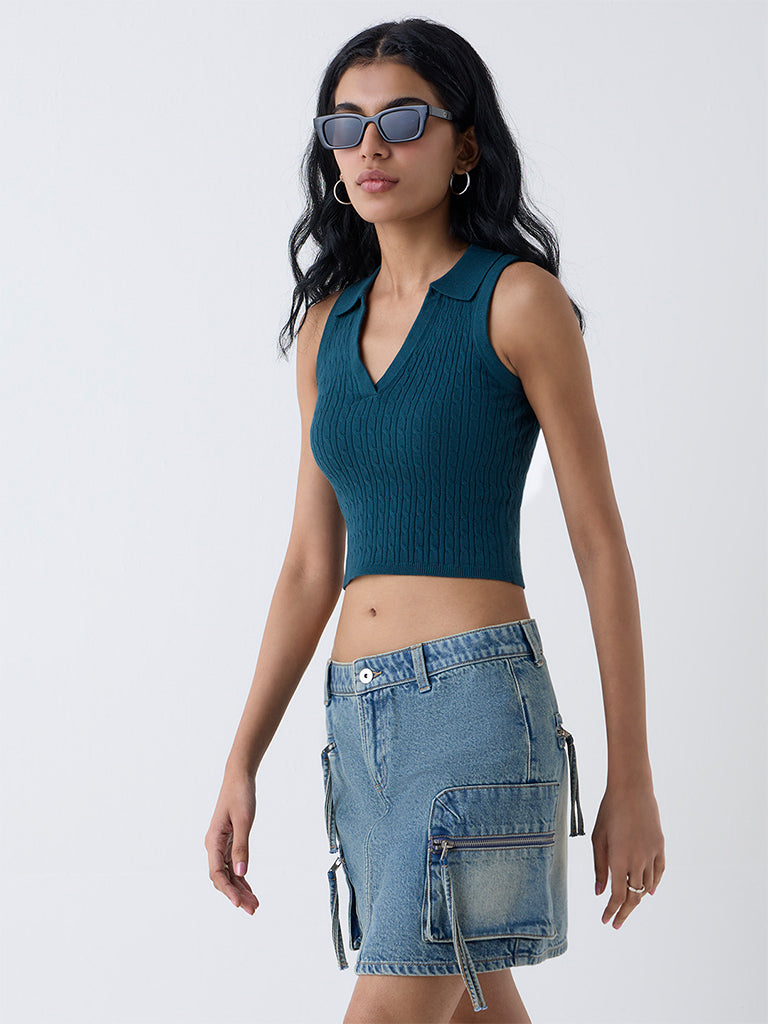 Nuon Dark Teal Cable-Knitted Top