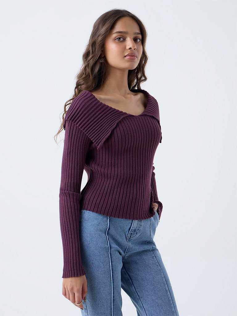 LOV Plum Ribbed Textured Top