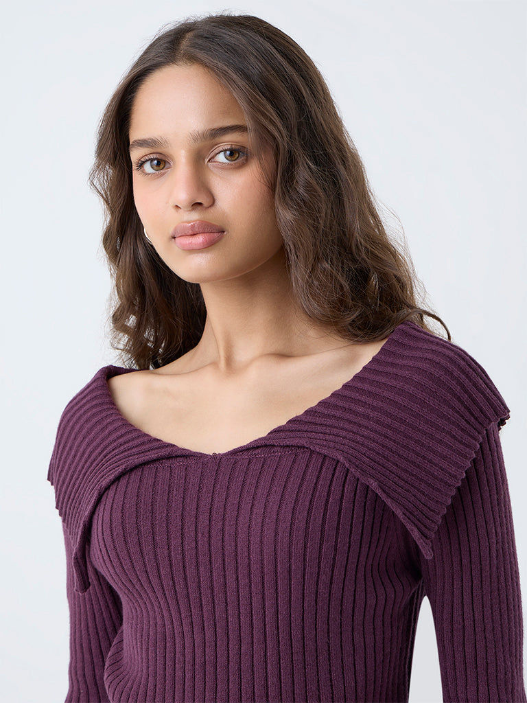 LOV Plum Ribbed Textured Top