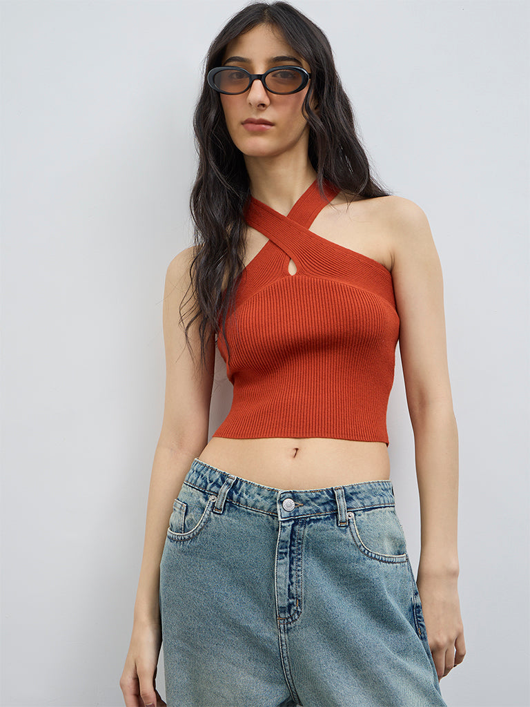 Nuon Rust Ribbed-Textured Halter-Neck Top
