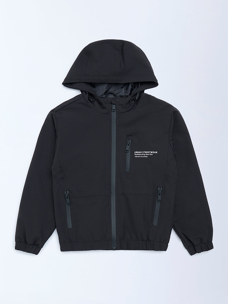 Y&F Kids Boys Black Text Design Hooded Jacket